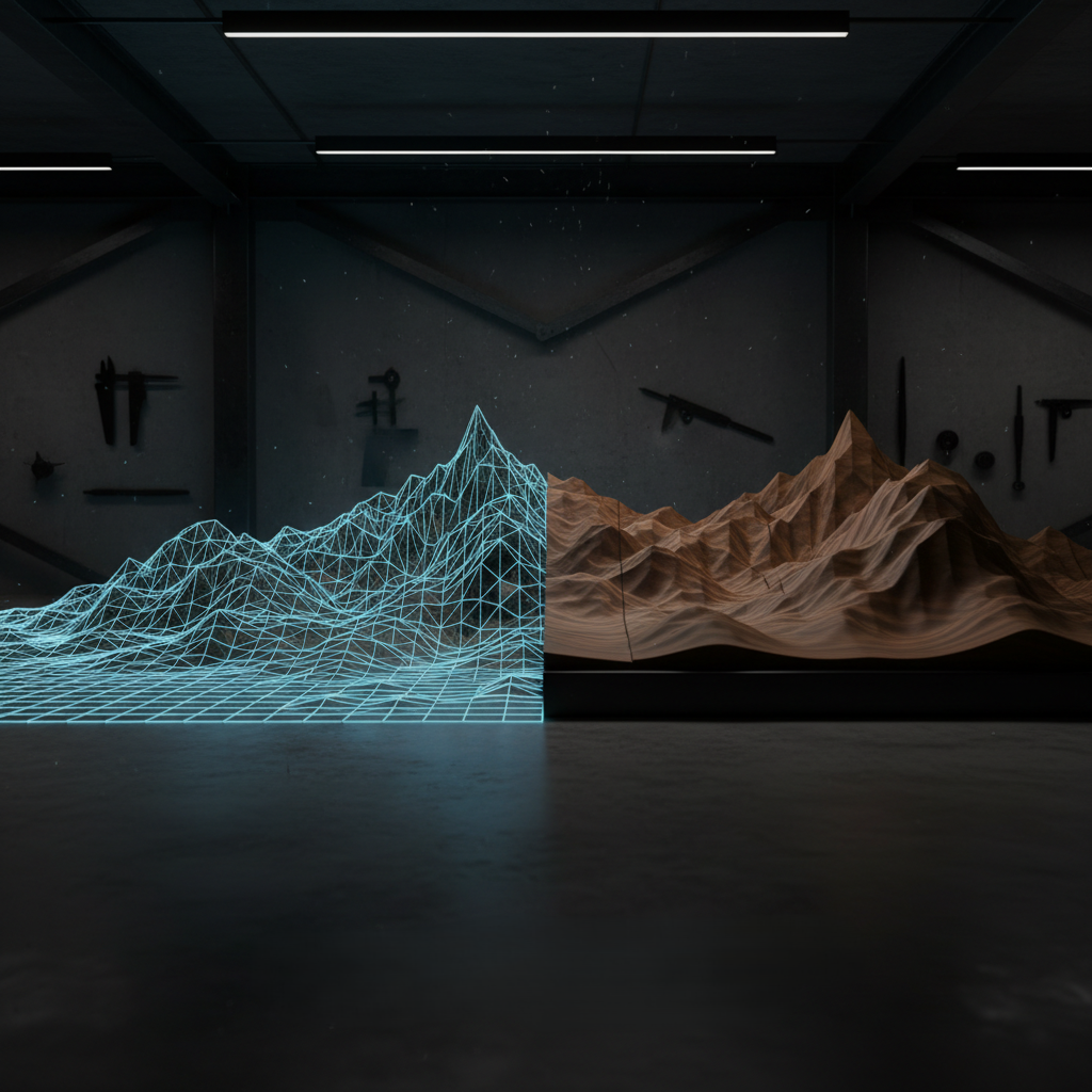Workflow transition from digital wireframe to physical wood art